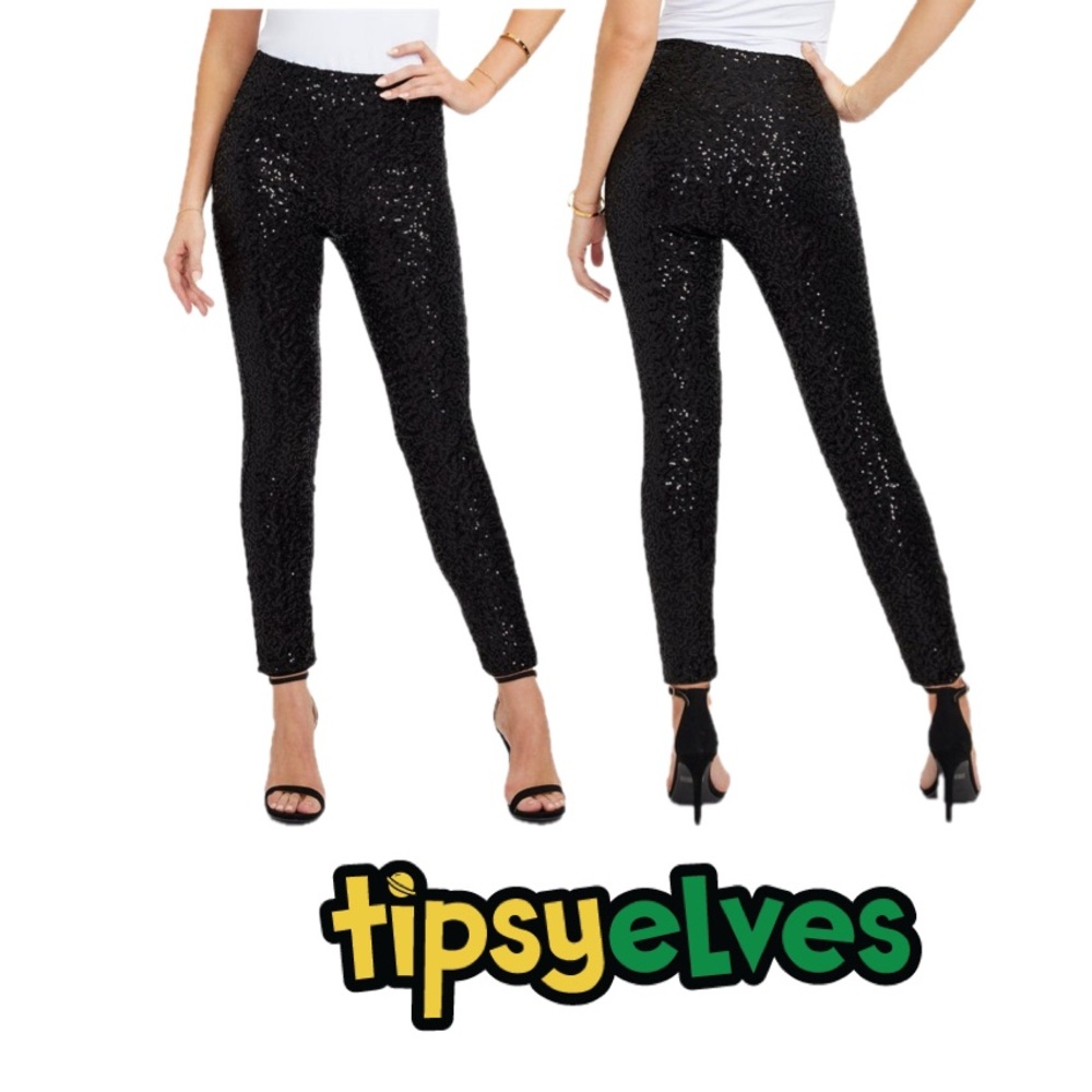 TIPSY ELVES Black Sequin High Waisted Leggings Women’s Size XL - Picture 1 of 8